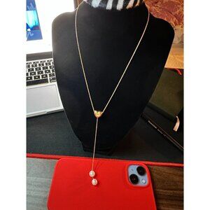 18K  Gold Yellow  Puffed Heart Diamond Dangle 8.5mm Pearls 16"Chain 5.46 Grams.